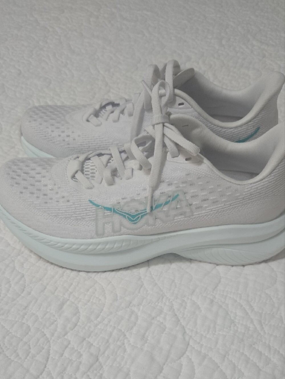 Hoka One One White Running Shoes with Light Blue Accents - Picture 2 of 6